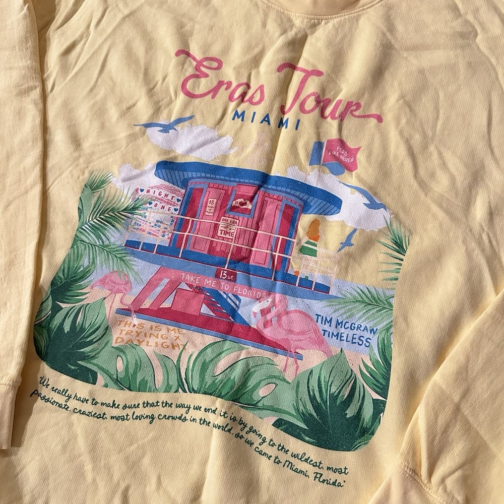 TAYLOR SWIFT Eras Tour Miami Night One Yellow Crewneck Sweatshirt Surprise Songs - Picture 2 of 7